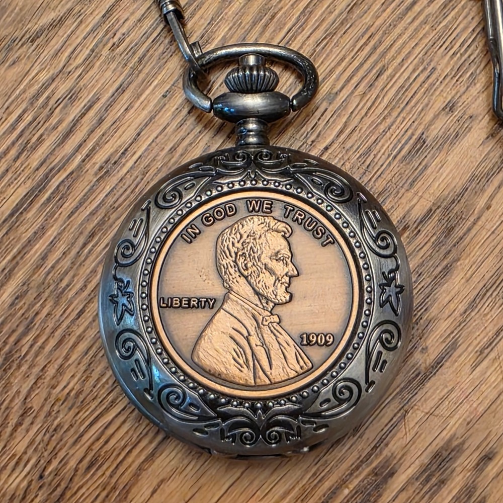 1909 Lincoln Wheat Penny Pocket Watch Fob Chain Fords Theater Souvenir Civil War